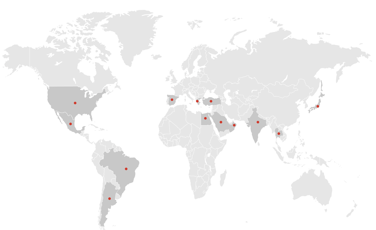World map with red dots showing selected countries supplied by KINGSTRONG